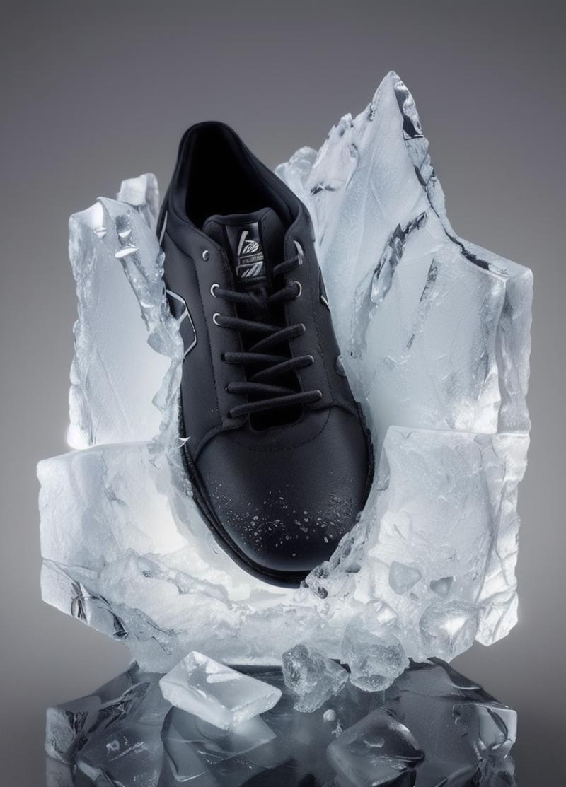 00921-2125458612-AI shoes, grey background, no humans, a pair of red shoes sitting on top of ice in a block of ice with water on top of it, ,_(ph.png